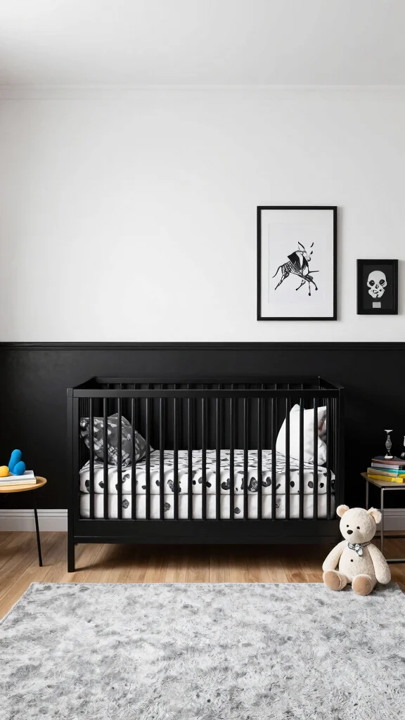 10 Nursery Half-Wall Ideas for a Two-Tone Classic Paint Finish - 8. Classic Black and White Combo 1