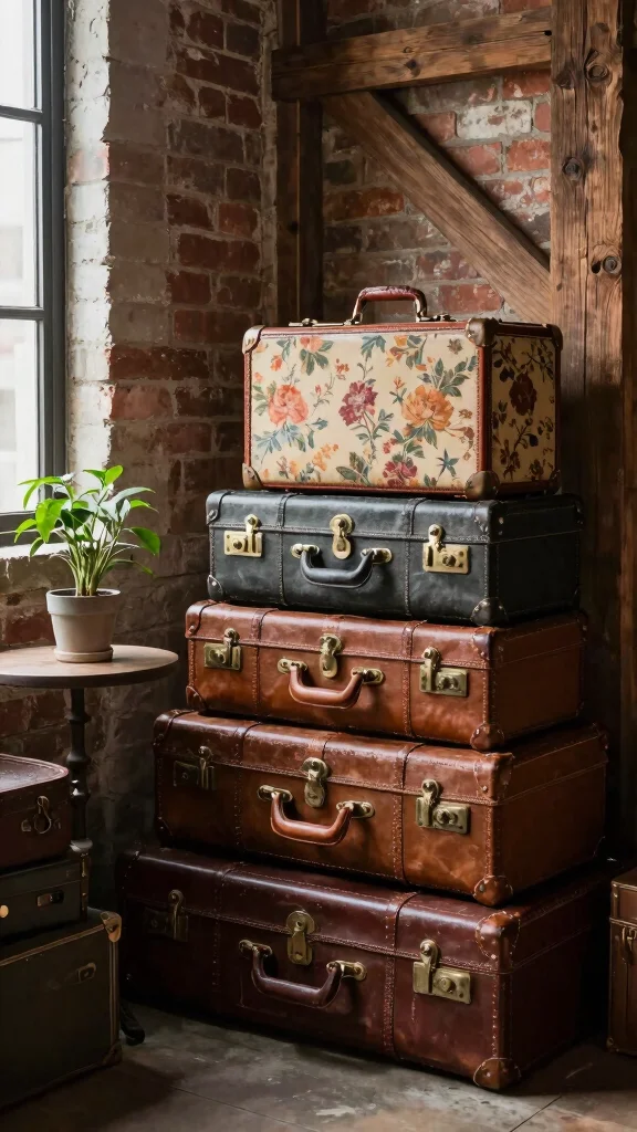 10 Vintage Storage Room Ideas for a Nostalgic Character-Rich Space - 1. Vintage Suitcase Stacking 1