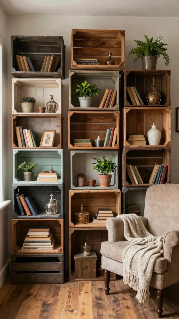 10 Vintage Storage Room Ideas for a Nostalgic Character-Rich Space - 2. Wooden Crate Shelving 1