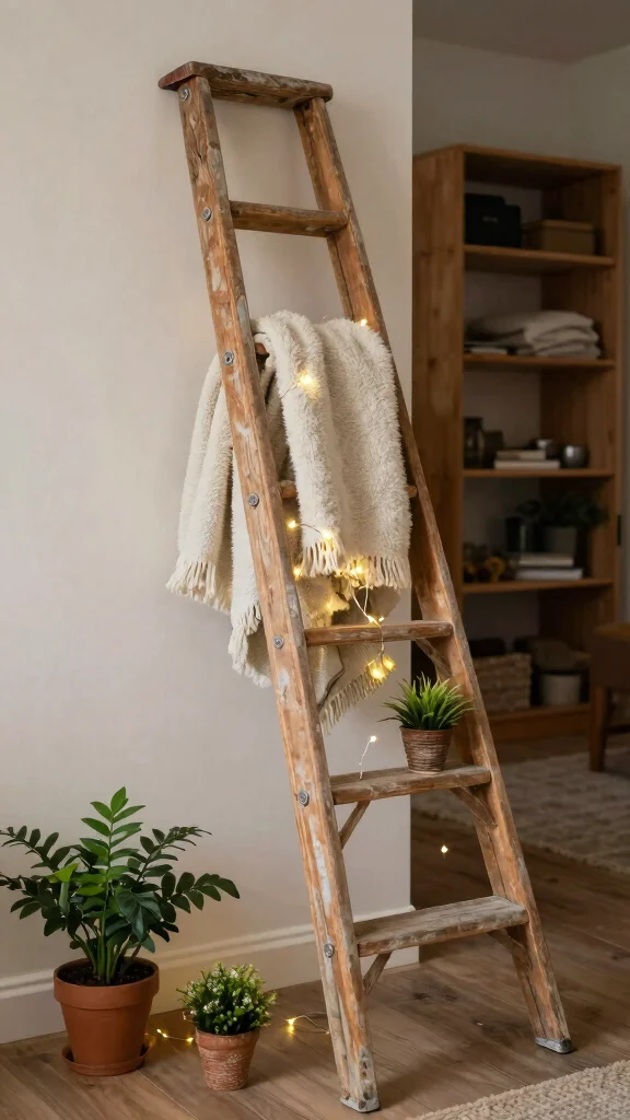 10 Vintage Storage Room Ideas for a Nostalgic Character-Rich Space - 5. Vintage Ladder Display 1