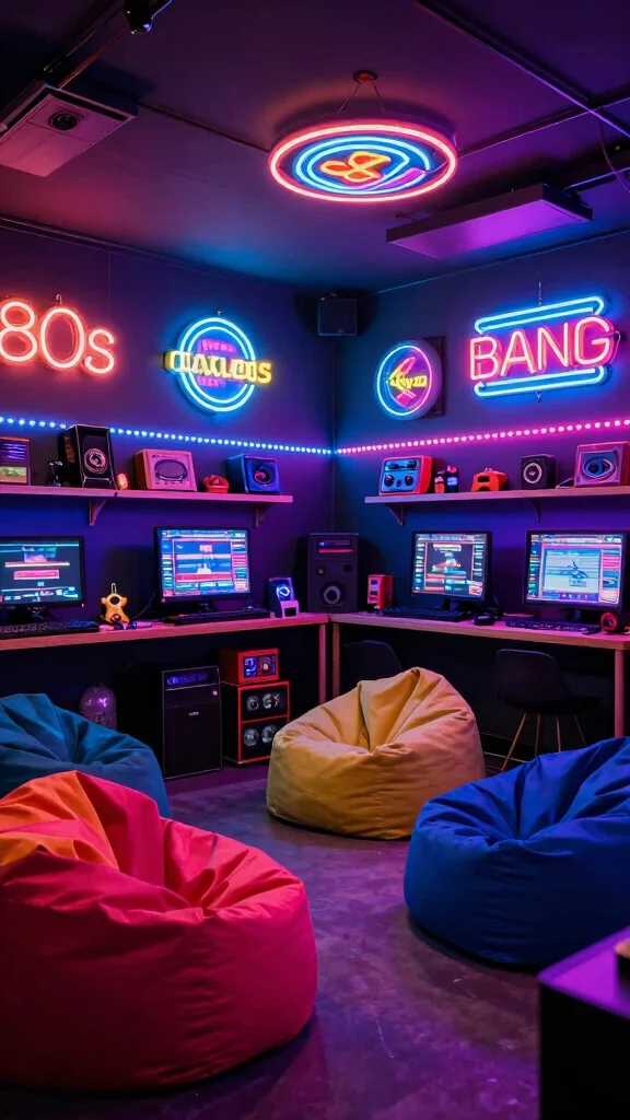 11 80s Aesthetic Basement Ideas for a Bold Colorful Retro Space - 1. Neon Lighting to Set the Mood 1