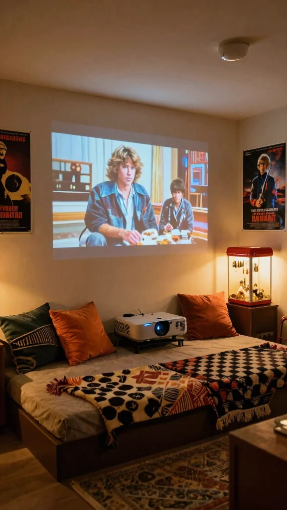 11 80s Aesthetic Basement Ideas for a Bold Colorful Retro Space - 7. Classic Movie Corner 1