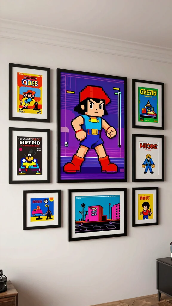 11 80s Aesthetic Basement Ideas for a Bold Colorful Retro Space - 8. Retro Gaming Wall Art 1