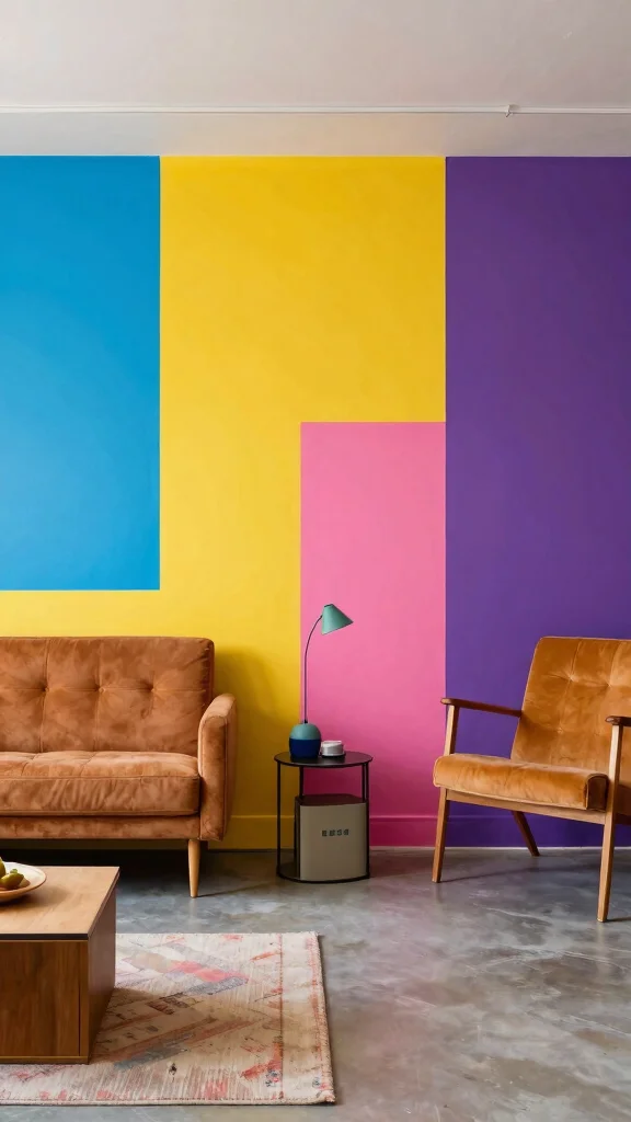 11 80s Aesthetic Basement Ideas for a Bold Colorful Retro Space - 9. Color Block Walls for Impact 1