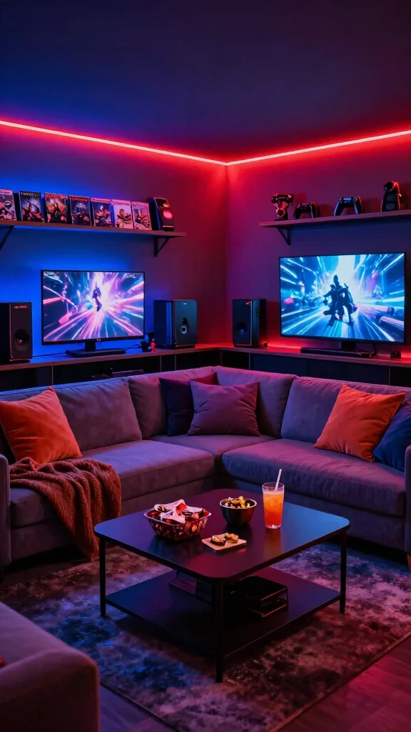 11 Basement Hangout Room Ideas for a Cozy Stylish Social Space - 1. Gaming Lounge with Mood Lighting 1