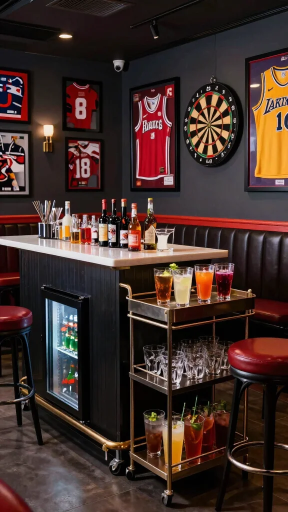 11 Basement Hangout Room Ideas for a Cozy Stylish Social Space - 4. Sporty Vibes with a Mini Bar 1