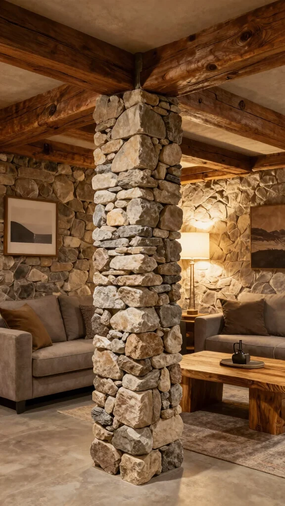 11 Basement Pole Cover Ideas for a Stylish Seamless Lower Level Finish - 6. Faux Stone Covers 1