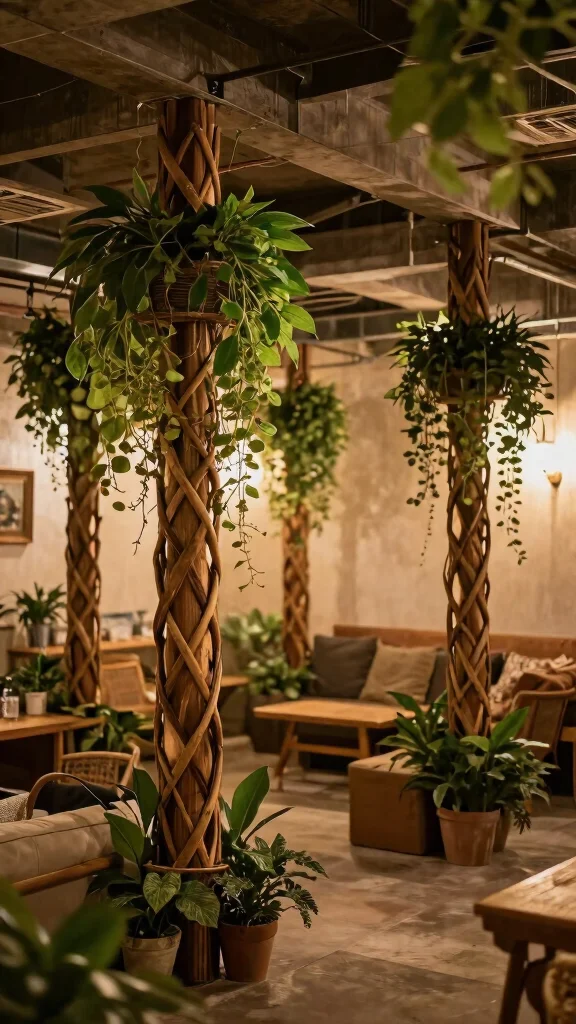 11 Basement Pole Cover Ideas for a Stylish Seamless Lower Level Finish - 9. Trellis Covers with Greenery 1