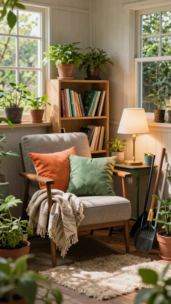 11 Garden Storage Room Ideas for Tools, Pots, and Outdoor Equipment - 11. Cozy Reading Corner Amidst Storage 1