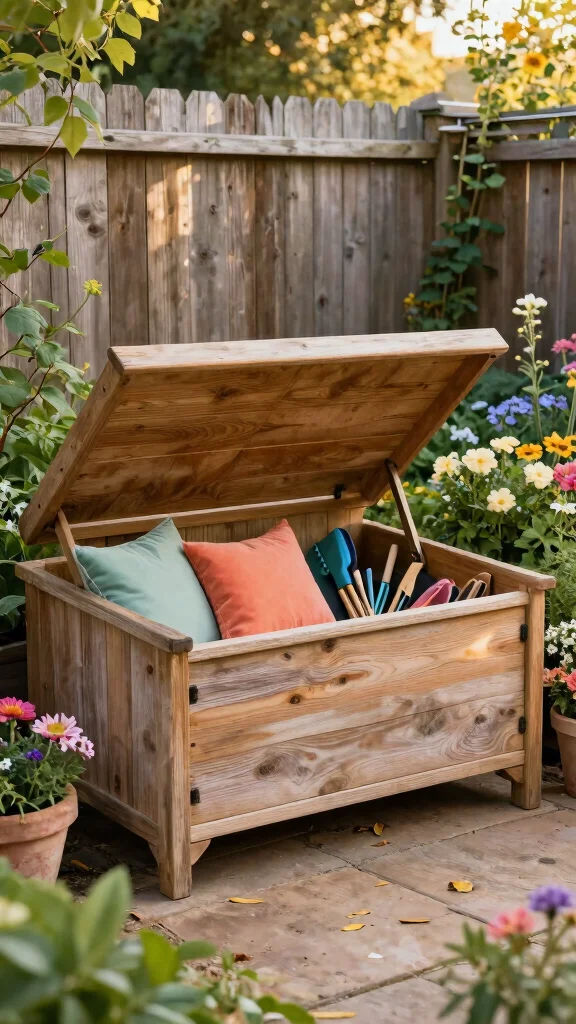 11 Garden Storage Room Ideas for Tools, Pots, and Outdoor Equipment - 3. Multi-Functional Outdoor Storage Benches 1