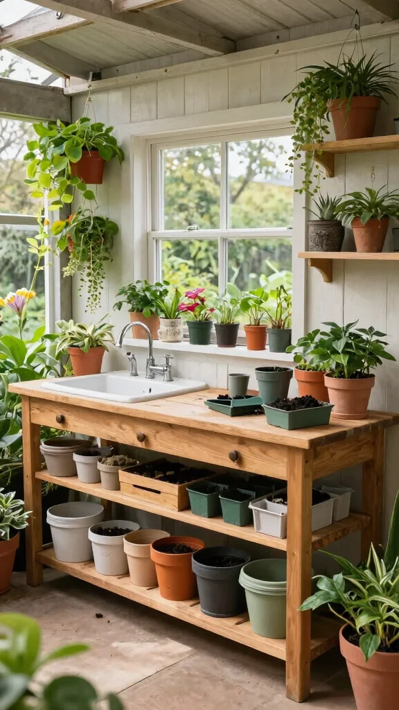 11 Garden Storage Room Ideas for Tools, Pots, and Outdoor Equipment - 5. Cleverly Designed Shed with Potting Stations 1