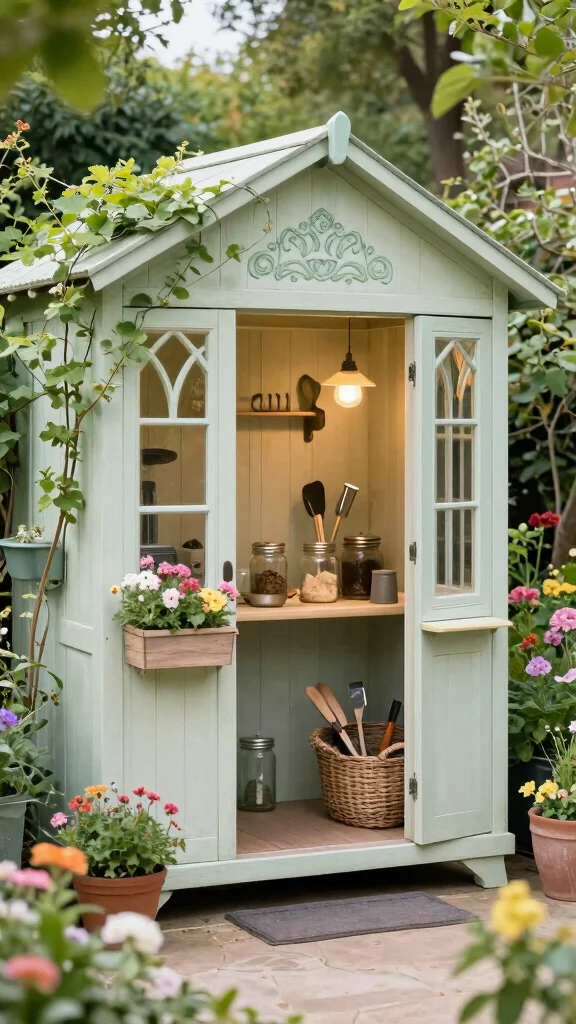 11 Garden Storage Room Ideas for Tools, Pots, and Outdoor Equipment - 8. Elegant Garden Shed with Decorative Touches 1