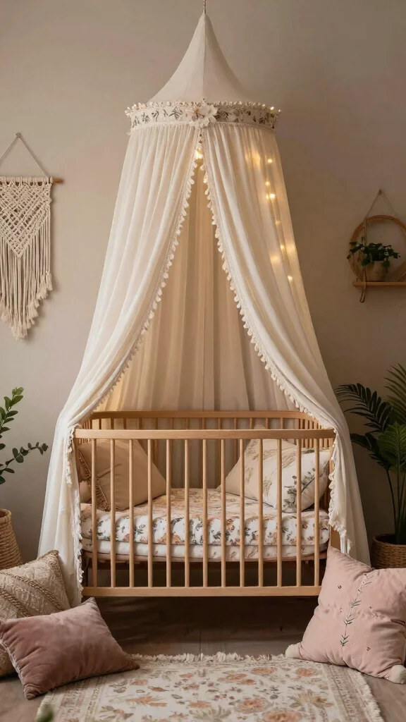 11 Girl Nursery Decor Concepts for a Dreamy Personalized Space - 1. Boho-Chic Canopy 1