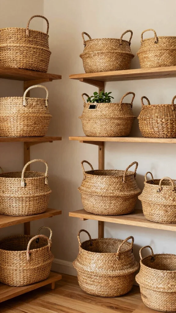 11 Japandi Storage Room Ideas for a Calm Minimal Natural Space - 1. Woven Baskets for Textured Organization 1