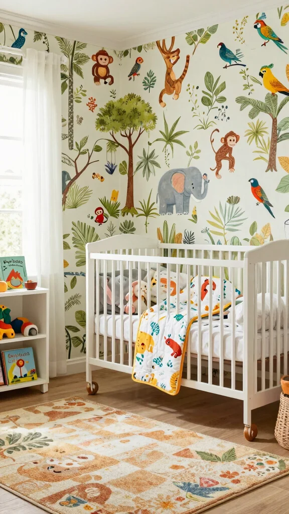 11 Jungle Nursery Wallpaper Ideas for a Lush Tropical Baby Room - 2. Playful Animal Friends 1