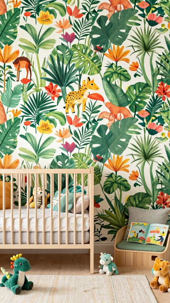 11 Jungle Nursery Wallpaper Ideas for a Lush Tropical Baby Room - 7. Jungle Flora and Fauna 1