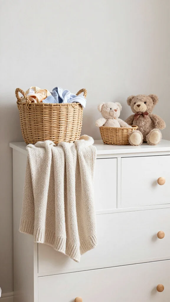11 Nursery Dresser Decor Ideas for a Styled Beautiful Baby Room - 2. Soft Textiles and Baskets 1