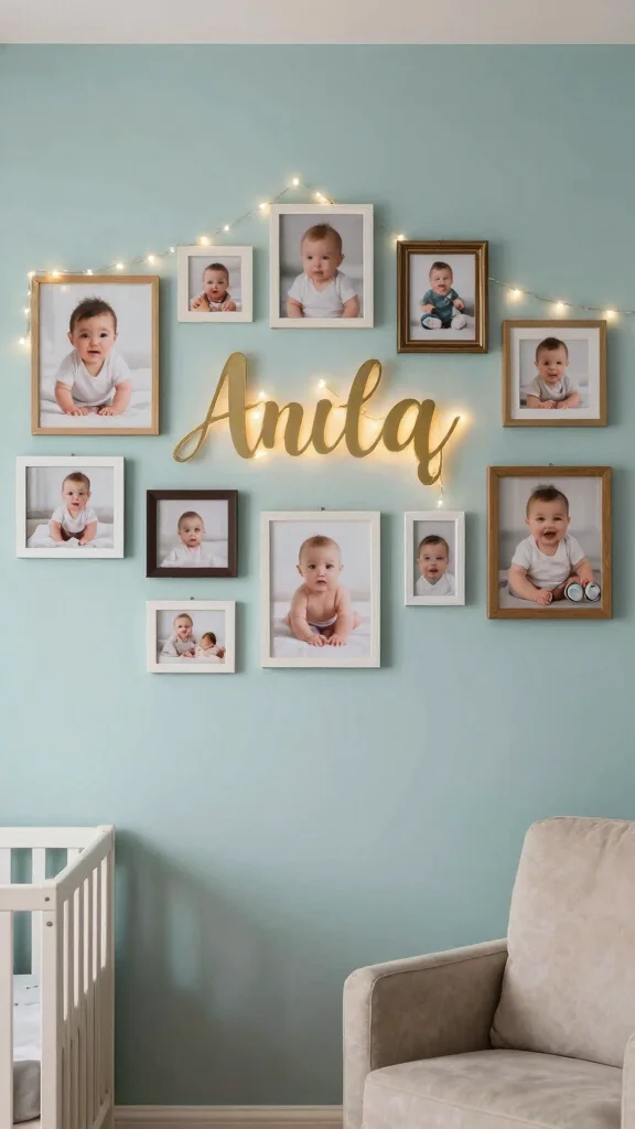 11 Nursery Name Decor Ideas for a Personal Styled Baby Room - 10. Memory Wall with Photos and Name 1
