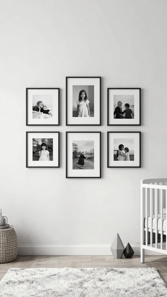 11 Nursery Photo Wall Ideas for a Personal Memory-Filled Display - 10. Minimalist Approach with Monochrome Photos 1