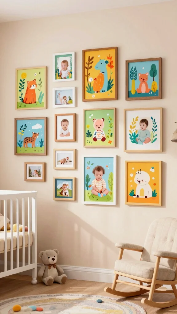11 Nursery Photo Wall Ideas for a Personal Memory-Filled Display - 2. Framed Artwork and Baby Photos Blend 1