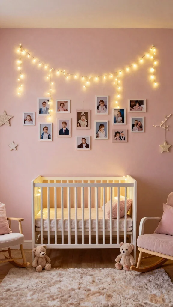 11 Nursery Photo Wall Ideas for a Personal Memory-Filled Display - 4. Whimsical String Lights with Photos 1