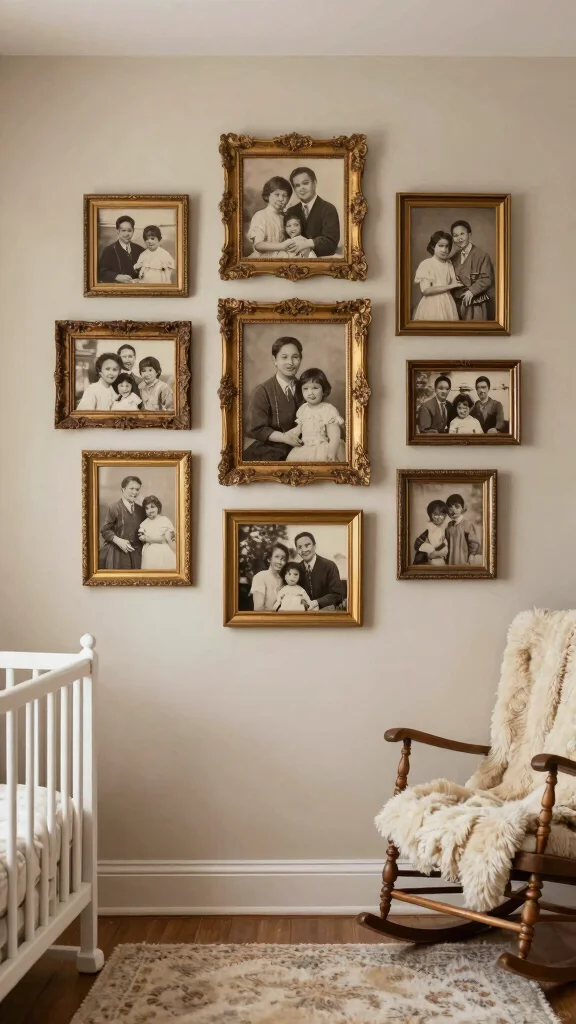 11 Nursery Photo Wall Ideas for a Personal Memory-Filled Display - 8. Vintage Style with Old Family Photos 1