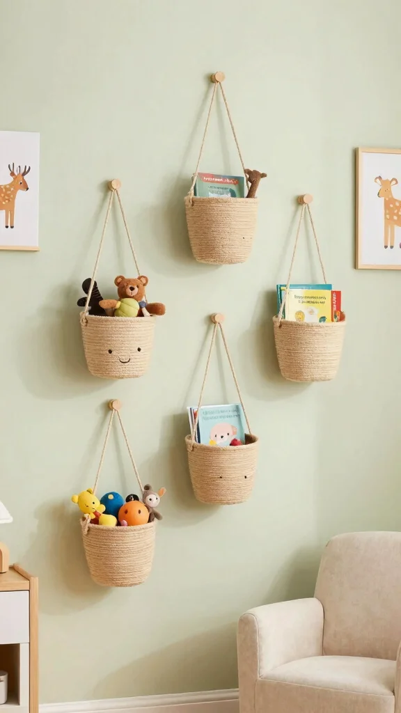 11 Nursery Toy Storage Ideas for a Tidy Accessible Beautiful Space - 4. Hanging Wall Baskets 1
