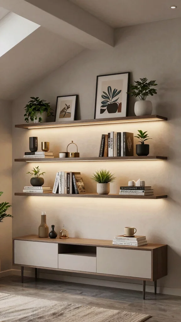 12 Basement Accent Wall Ideas for Color, Texture, and Drama - 7. Accent Wall with Shelving 1