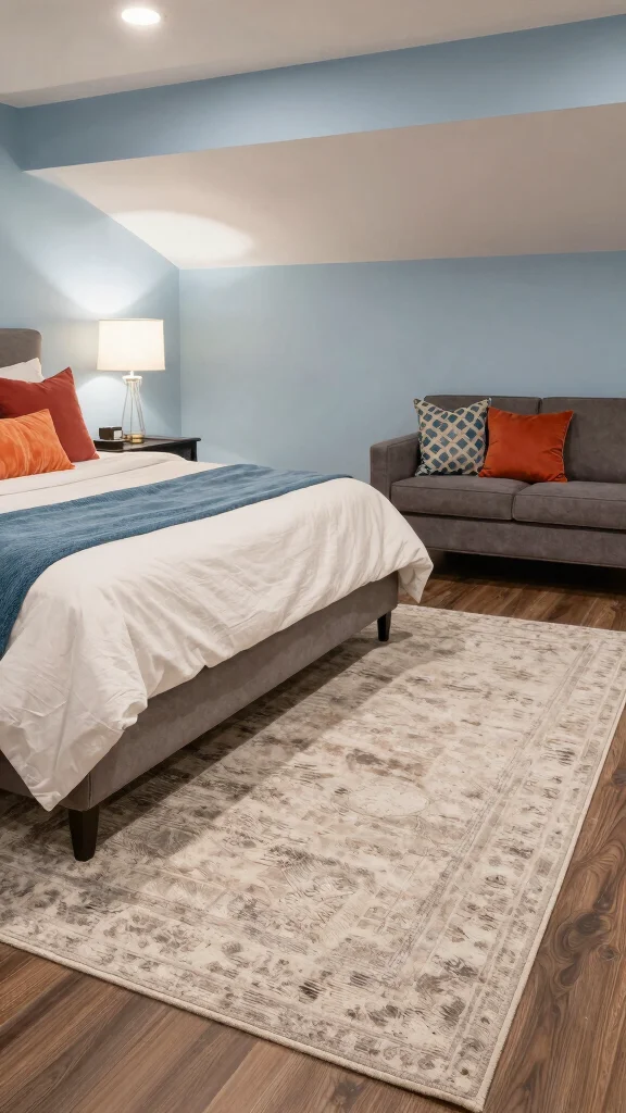 12 Basement Guest Bedroom Ideas for a Welcoming Comfortable Space - 8. Use Area Rugs for Warmth and Definition 1