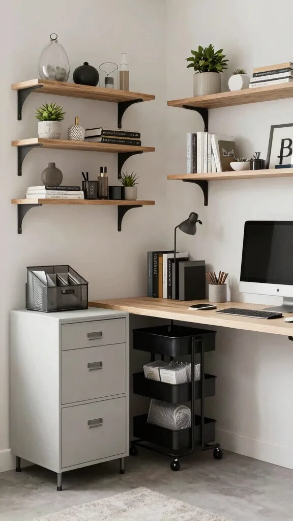 12 Basement Home Office Ideas for a Quiet Productive Workspace - 3. Smart Storage Solutions 1