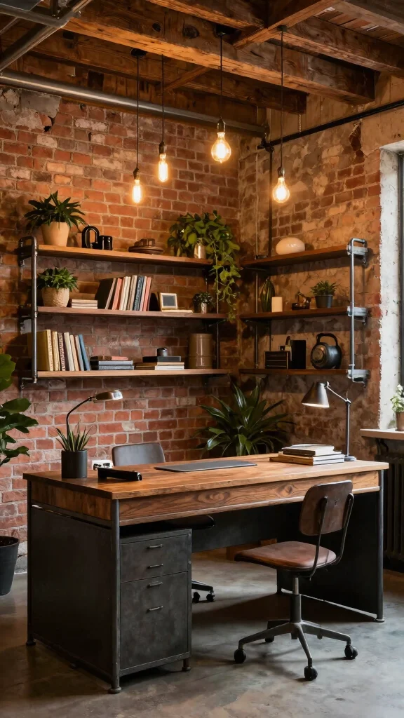 12 Basement Office Design Ideas for a Focused Beautiful Workspace - 3. Industrial Chic Vibe 1