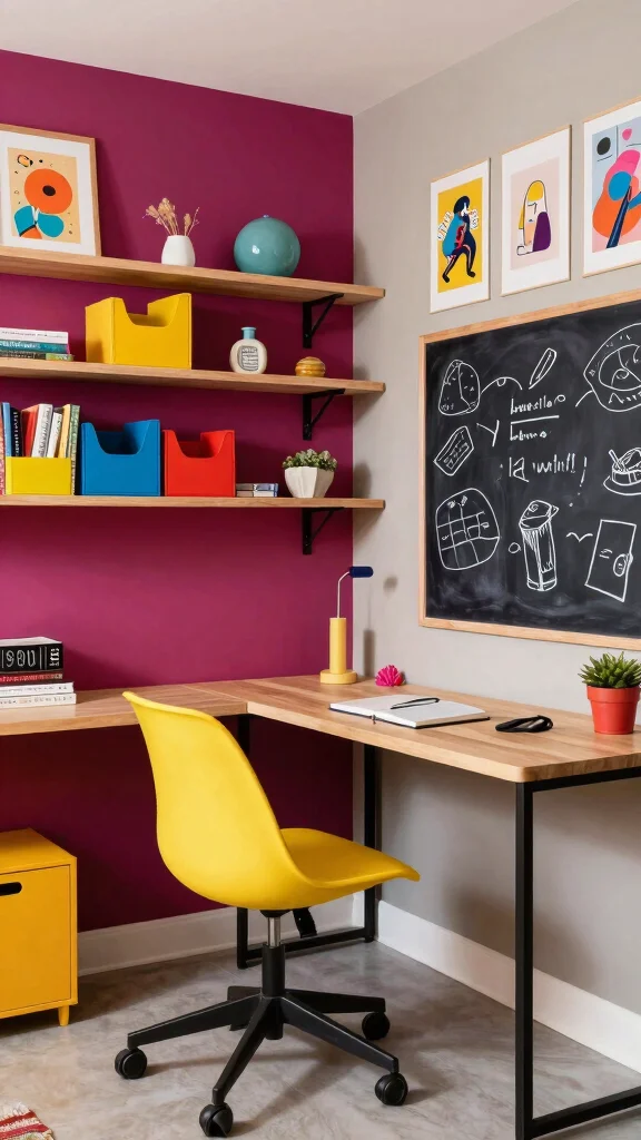 12 Basement Office Design Ideas for a Focused Beautiful Workspace - 4. Colorful Creative Space 1
