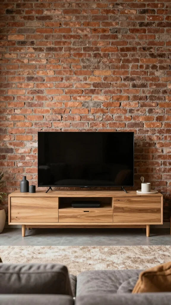12 Basement TV Wall Ideas for a Sleek Styled Entertainment Focal Point - 1. Exposed Brick and Minimalist Design 1