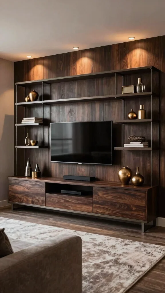 12 Basement TV Wall Ideas for a Sleek Styled Entertainment Focal Point - 2. Dark Wood and Metal Accents 1