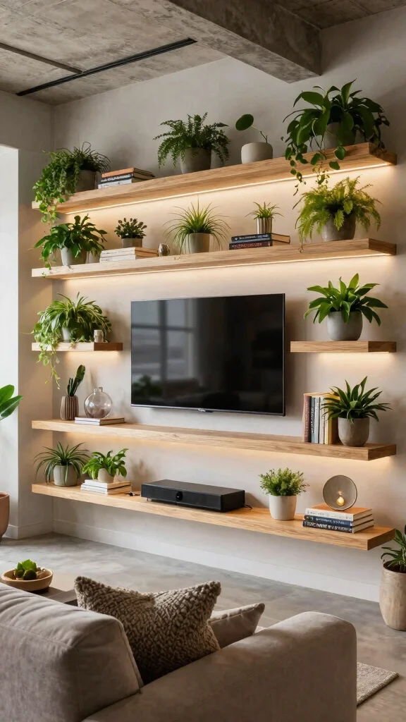 12 Basement TV Wall Ideas for a Sleek Styled Entertainment Focal Point - 3. Floating Shelves and Greenery 1