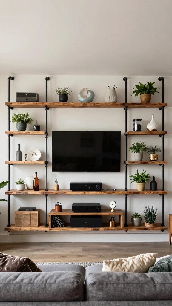 12 Basement TV Wall Ideas for a Sleek Styled Entertainment Focal Point - 5. Industrial Pipe Shelving 1