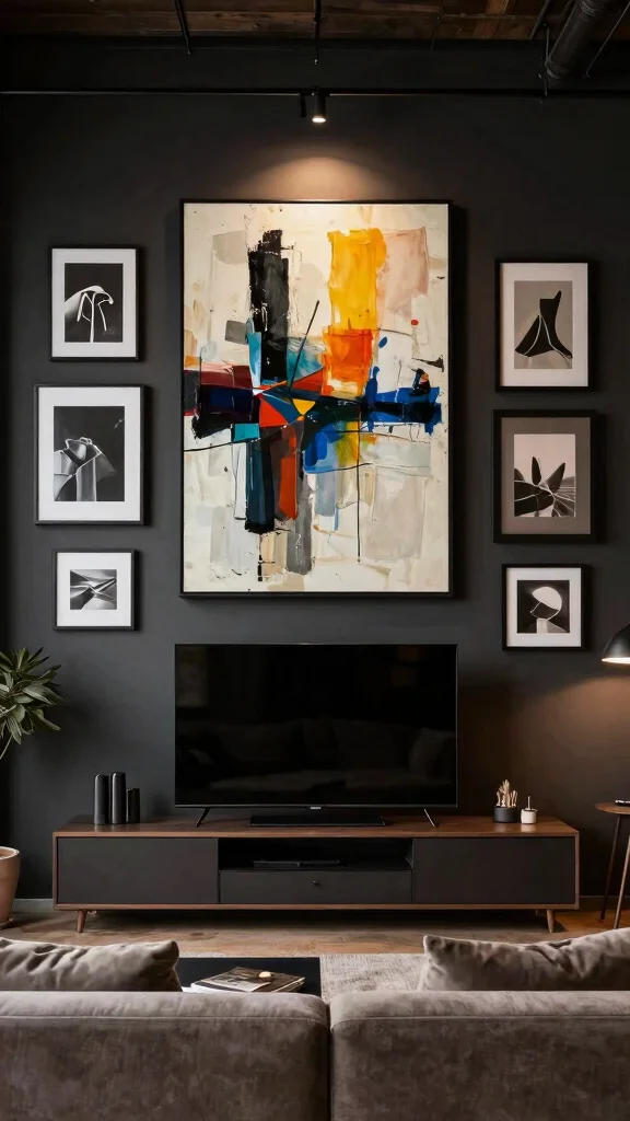 12 Basement TV Wall Ideas for a Sleek Styled Entertainment Focal Point - 6. Statement Art and Decor 1