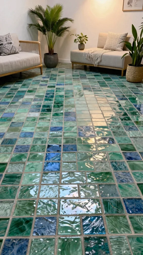 12 Basement Tile Floor Ideas for a Durable Beautiful Lower Level - 2. Recycled Glass Tiles 1