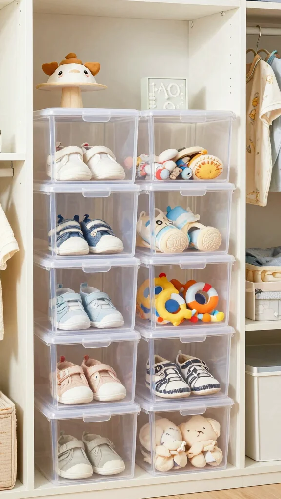 12 Nursery Closet Organization Ideas for a Tidy Functional Baby Wardrobe - 7. Clear Storage Boxes 1