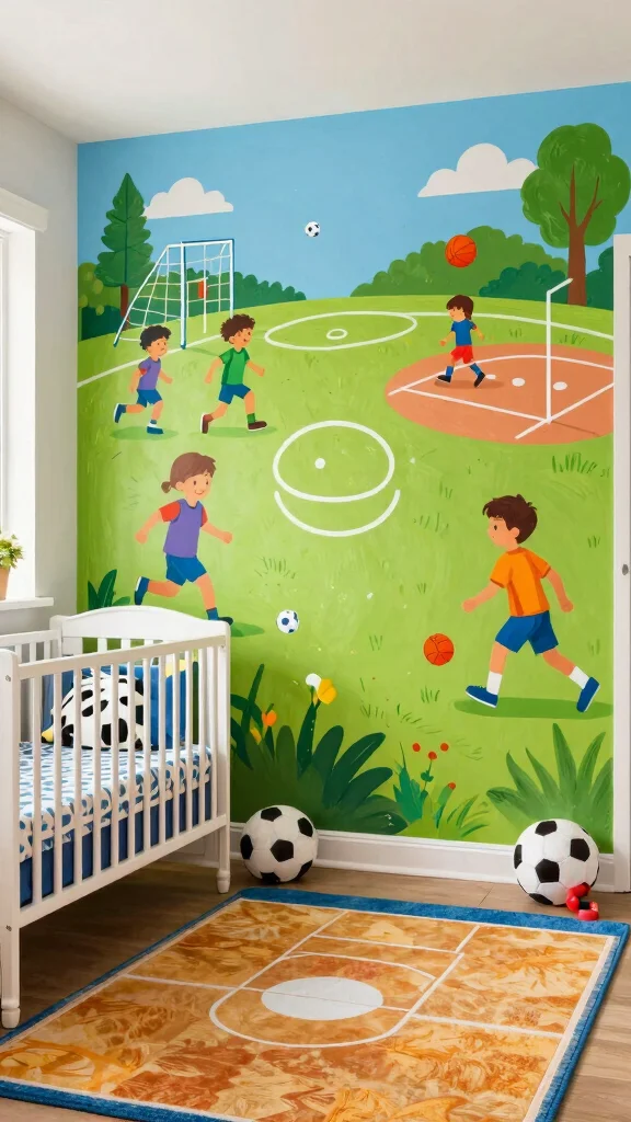 12 Nursery Mural Ideas for a Hand-Painted Artistic Baby Room Wall - 12. Sports Dreamland 1