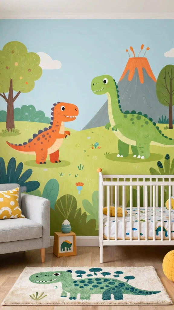 12 Nursery Mural Ideas for a Hand-Painted Artistic Baby Room Wall - 7. Friendly Dinosaurs 1