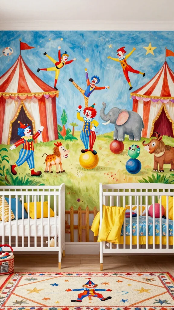 12 Nursery Mural Ideas for a Hand-Painted Artistic Baby Room Wall - 8. Magical Circus 1