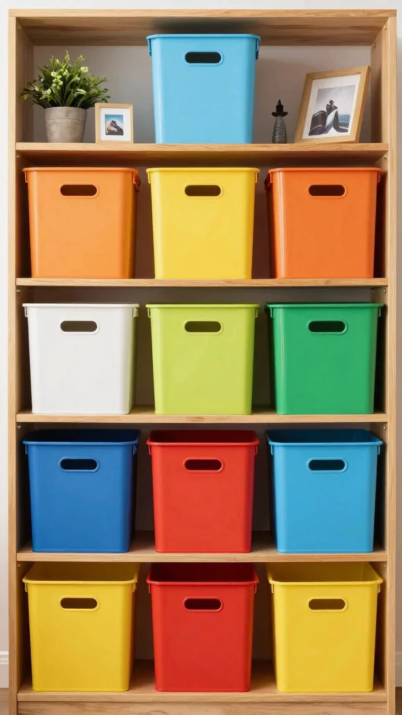 12 Storage Room Shelf Organization Ideas for a Tidy Accessible Space - 1. Color-Coded Bins for Easy Access 1