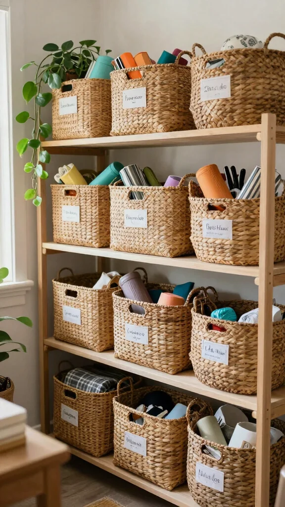 12 Storage Room Shelf Organization Ideas for a Tidy Accessible Space - 9. Incorporate Baskets for a Cozy Vibe 1