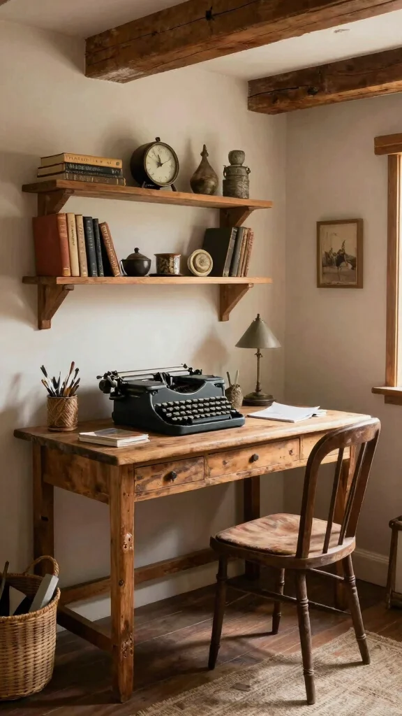 12 Storage Room to Office Conversion Ideas for a Productive Workspace - 3. Rustic Charm with Vintage Finds 1