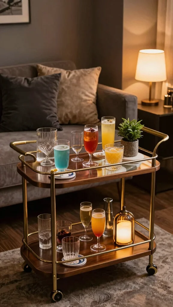 13 Basement Decorating Ideas for a Cozy Stylish Living Space - 4. Add a Bar Cart for Entertainment 1