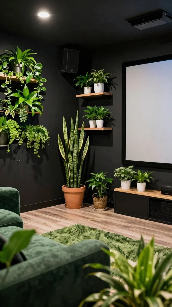 13 Basement Home Theater Ideas for a Cinematic Immersive Movie Experience - 12. Greenery and Natural Elements 1