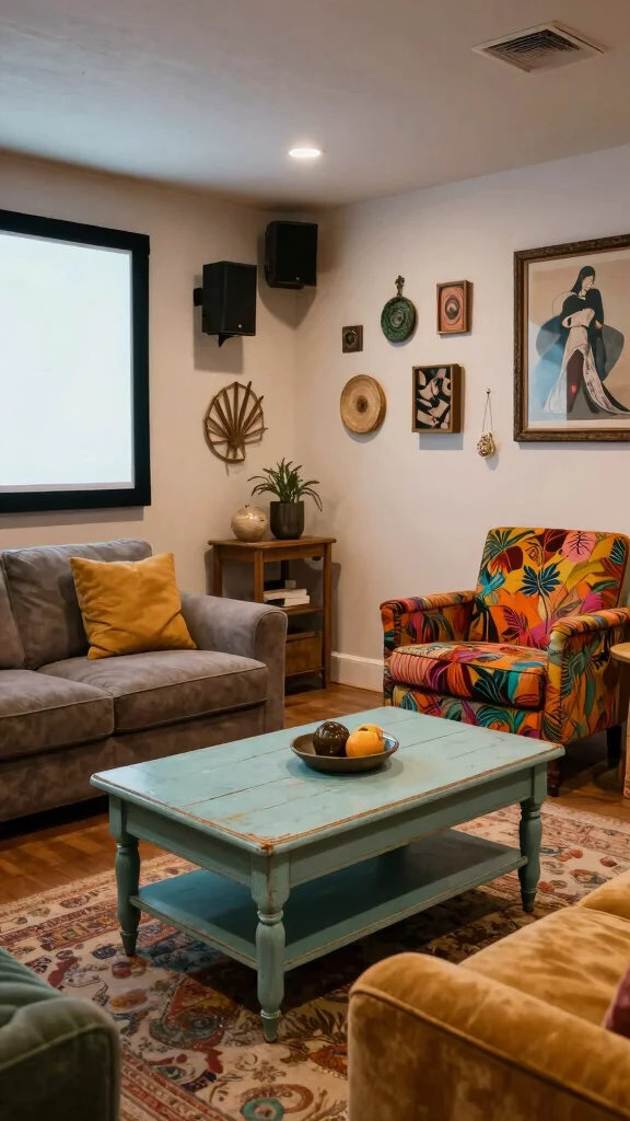 13 Basement Home Theater Ideas for a Cinematic Immersive Movie Experience - 13. Upcycled Furniture and Decor 1