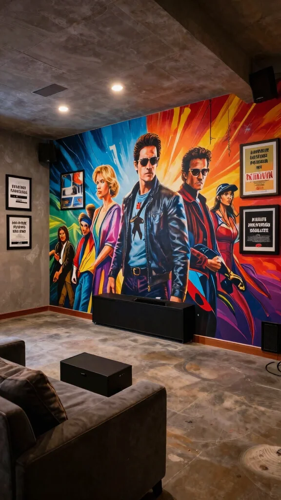 13 Basement Home Theater Ideas for a Cinematic Immersive Movie Experience - 9. Statement Wall Art 1