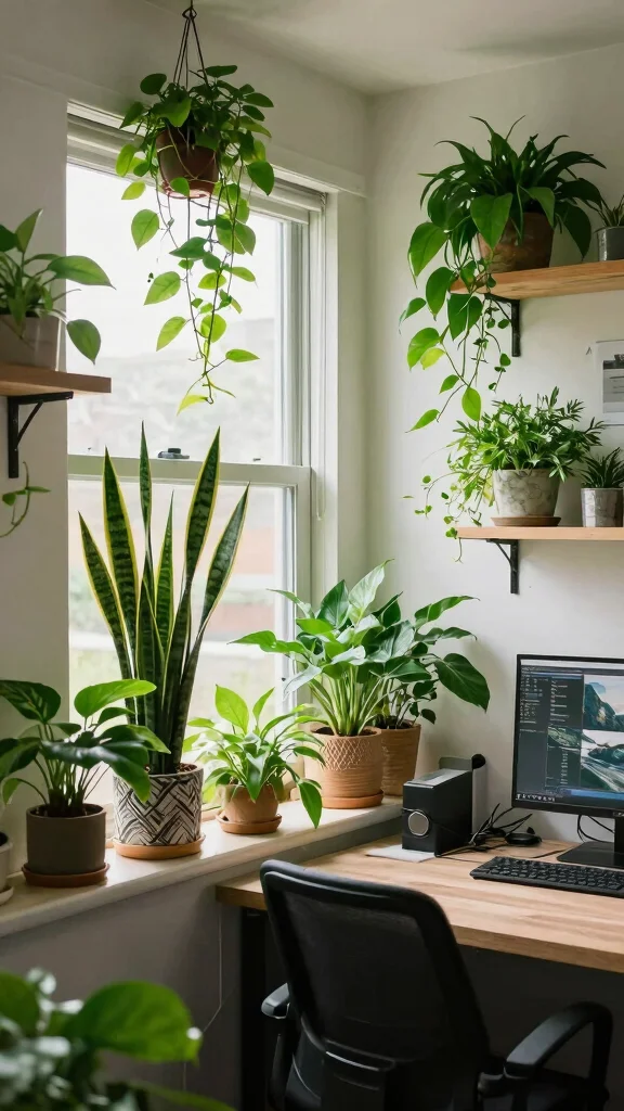 13 Basement Office Ideas for a Productive Stylish Home Workspace - 6. Incorporate Plants 1